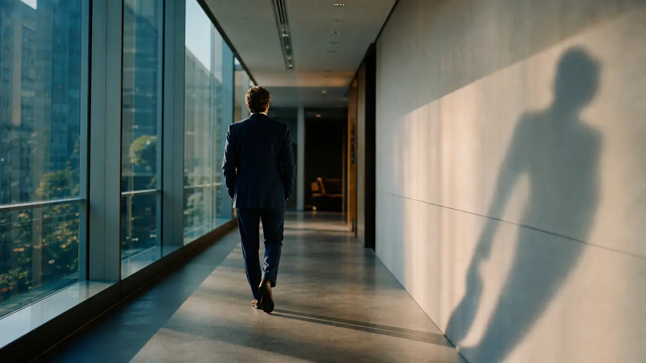 Silhouette d’un dirigeant avançant seul dans un couloir d’entreprise avec une ombre allongée symbolisant le poids invisible de la pression