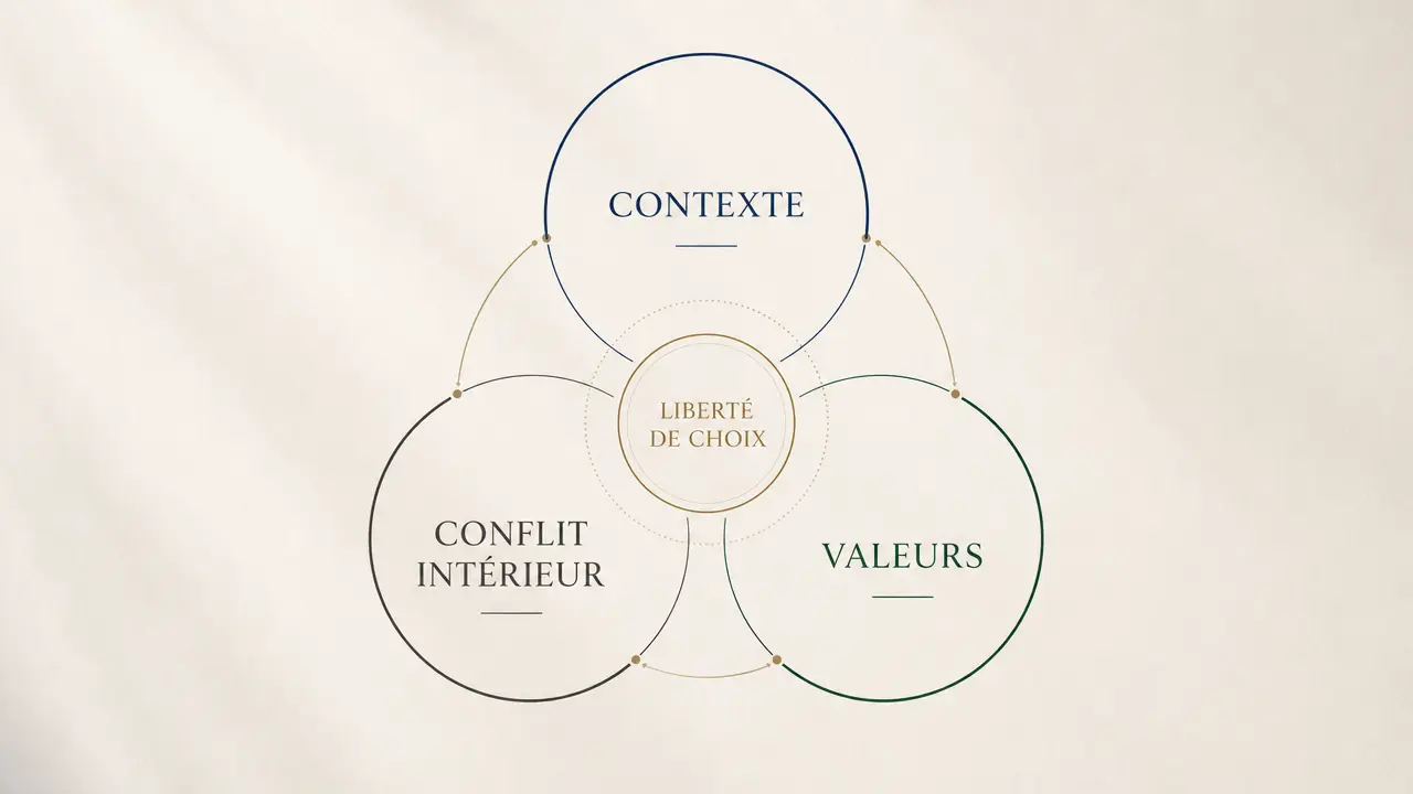 Schéma minimaliste représentant les trois leviers du Programme Tempérance : contexte, conflit intérieur et valeurs autour de la liberté de choix