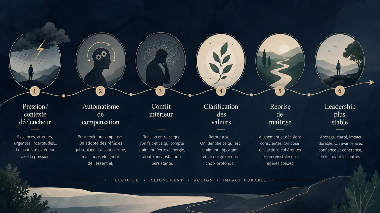 Infographie montrant le passage progressif de la pression et de l’automatisme de compensation vers la reprise de maîtrise et un leadership plus stable