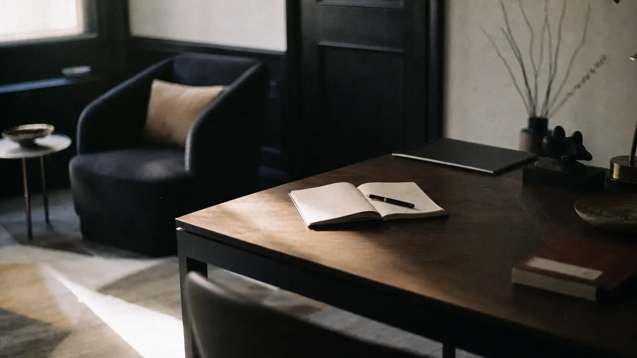 Bureau sobre et confidentiel avec un carnet ouvert et un stylo posés dans une lumière naturelle douce