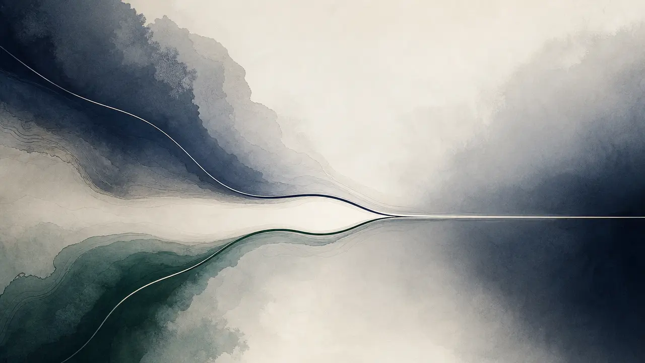 Illustration abstraite montrant deux lignes tendues qui se rejoignent progressivement en une trajectoire claire et stable