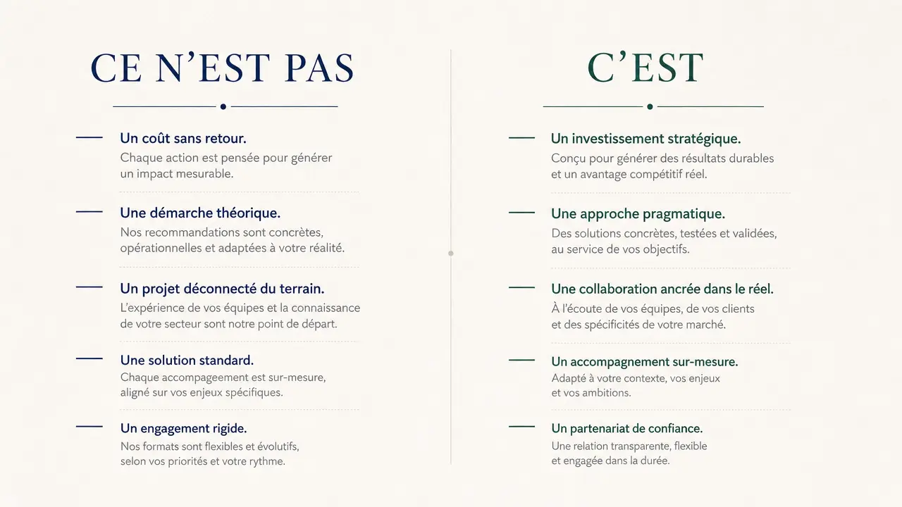 Infographie en deux colonnes distinguant ce que l’accompagnement n’est pas et ce qu’il propose réellement