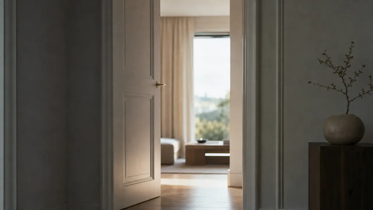 Porte entrouverte dans un intérieur sobre et lumineux symbolisant un premier pas confidentiel vers le changement