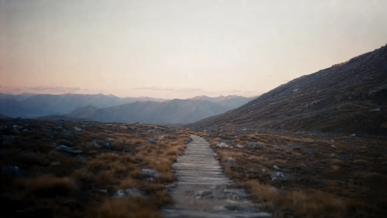 Paysage sobre avec un chemin et un horizon dégagé évoquant la stabilité, la transformation et la perspective retrouvée