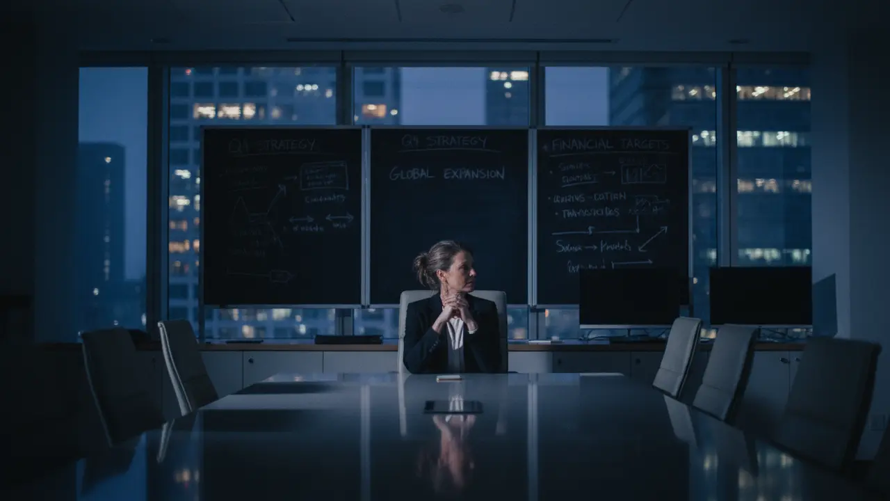 Un cadre dirigeant isolé dans son bureau la nuit, surplombant la ville