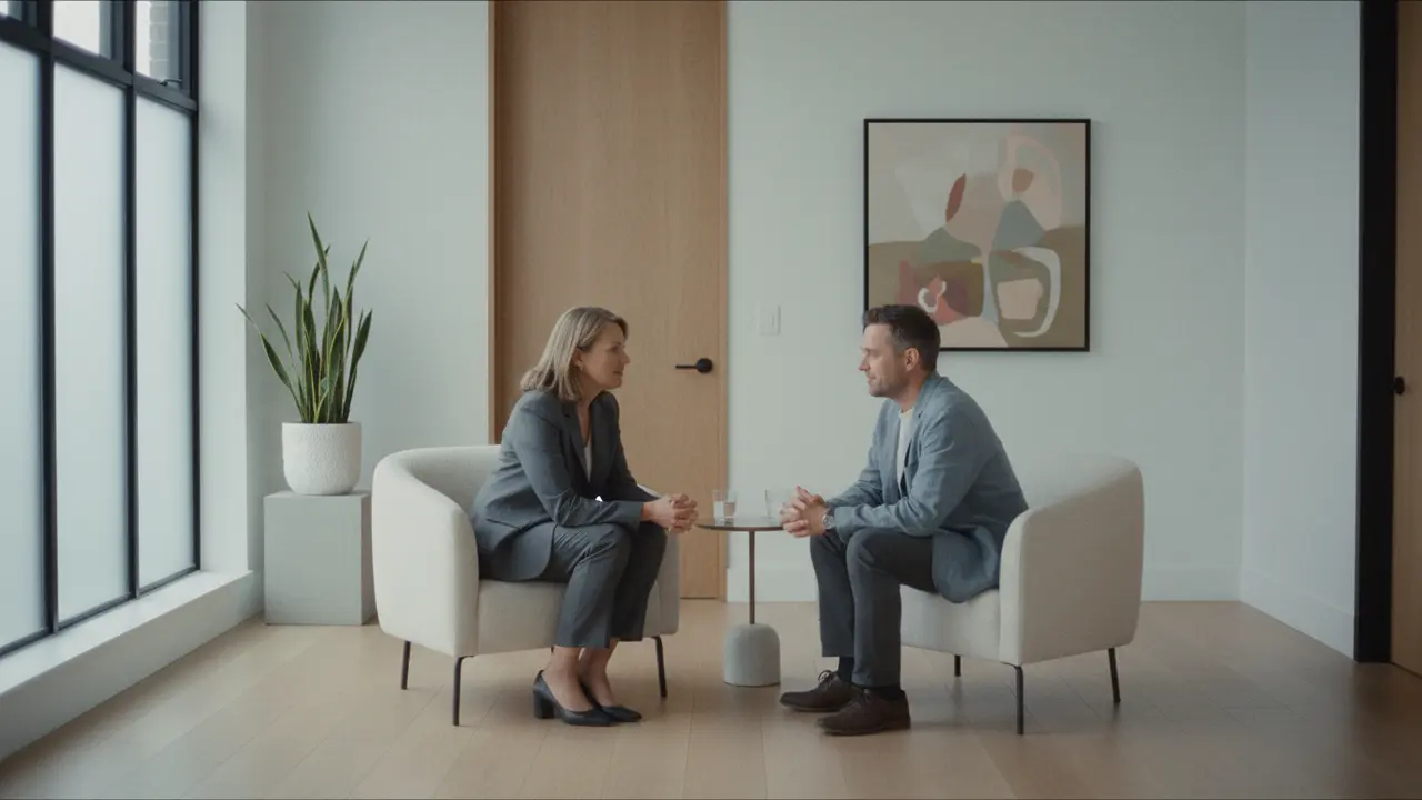 Deux personnes en conversation discrète et bienveillante dans un espace épuré