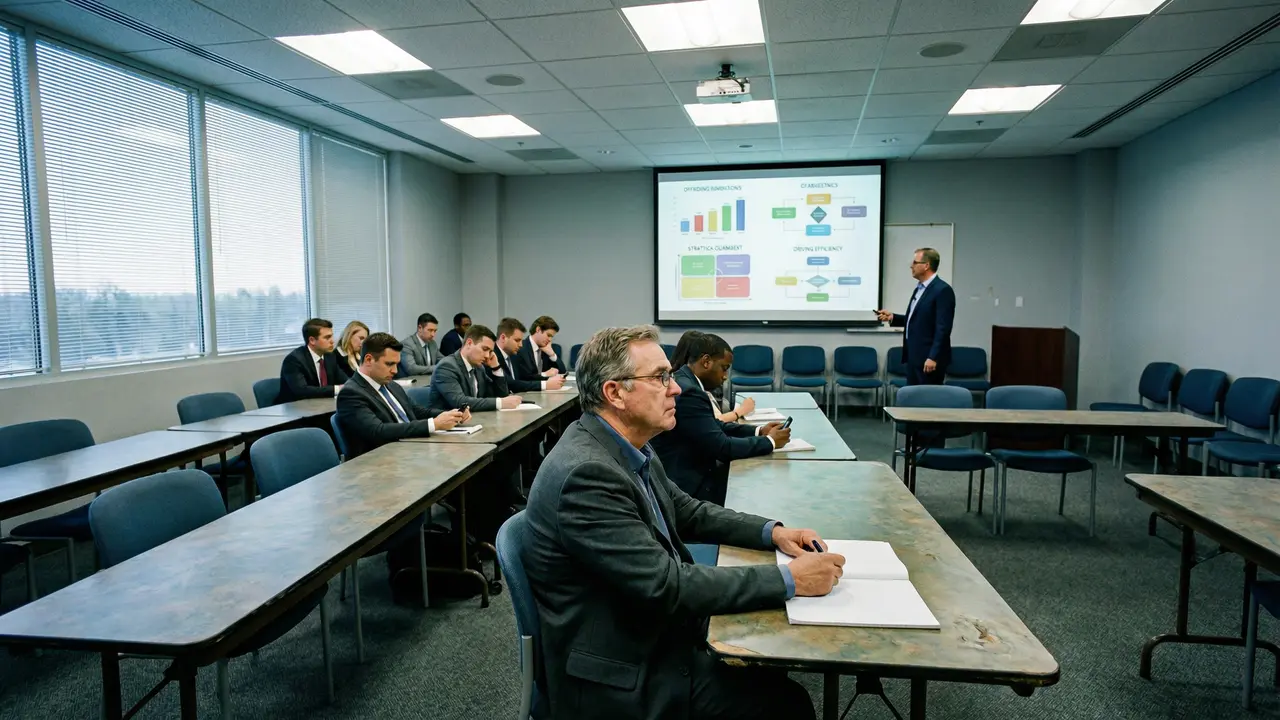 Salle de formation générique avec des cadres désengagés face à un programme standardisé