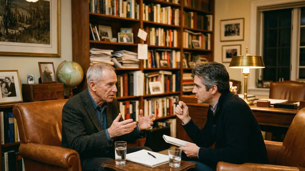 Deux hommes en entretien approfondi dans un bureau intimiste, écoute active et prise de notes