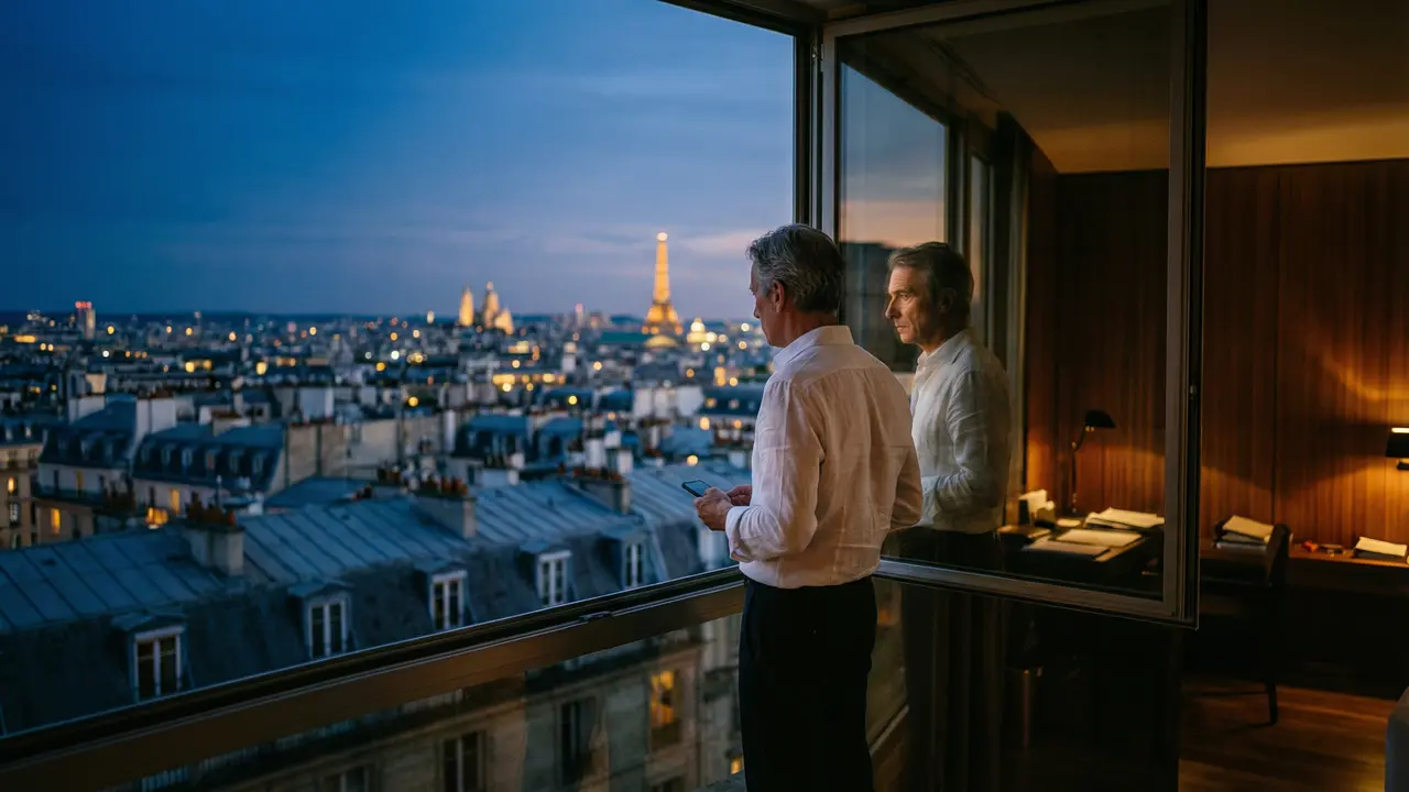 Dirigeant seul face à une baie vitrée panoramique sur Paris au crépuscule, poids de la décision