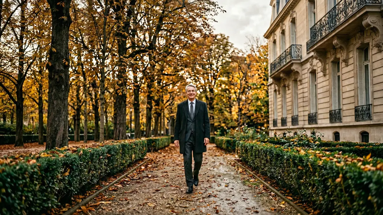 Dirigeant marchant seul dans une allée de jardin à la française en automne, posture apaisée et assurée