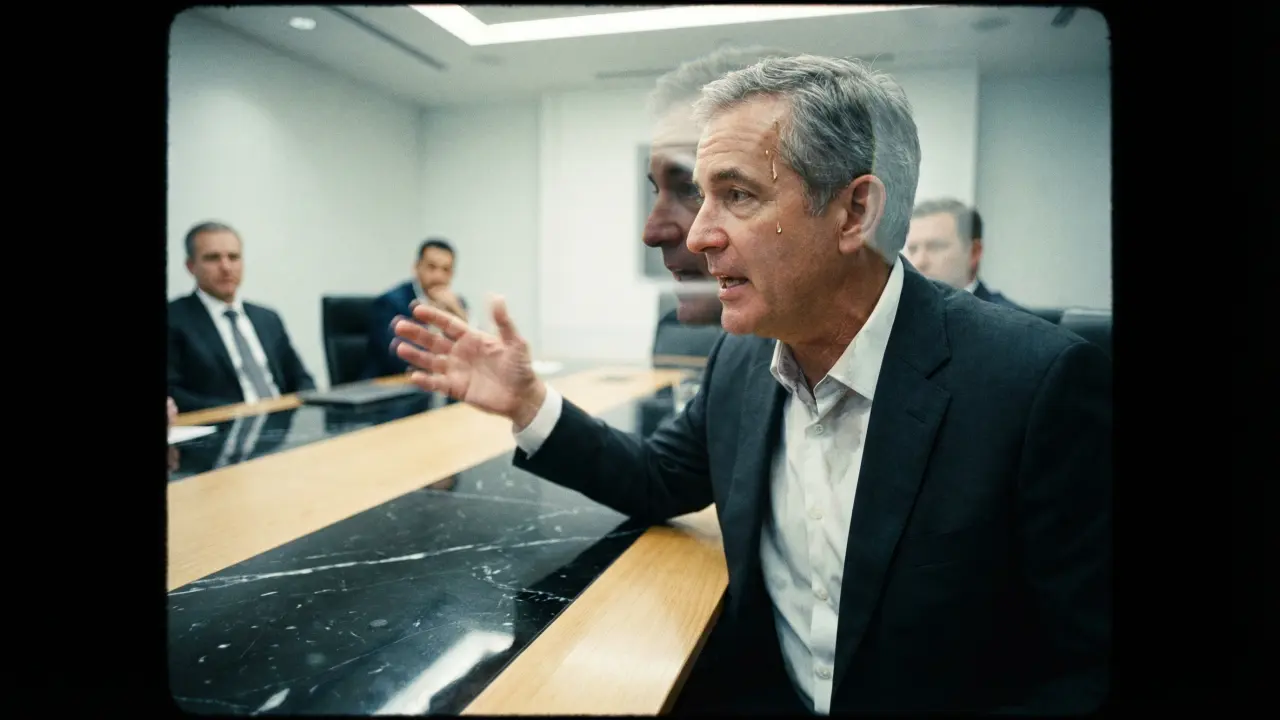 Cadre supérieur en réunion apparemment maître de lui mais trahissant des signes physiques de stress