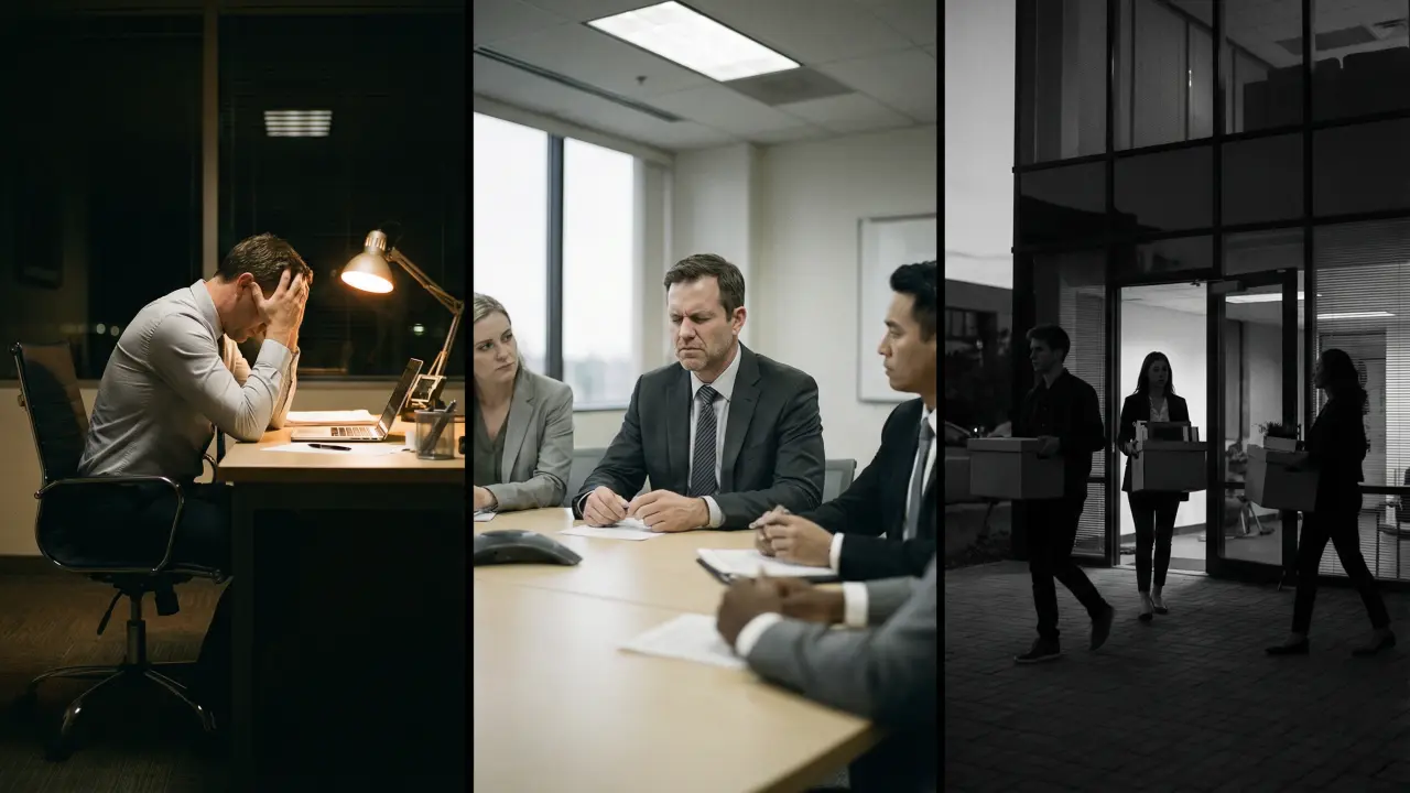 Triptyque visuel montrant les trois niveaux d'impact de l'addiction fonctionnelle : personnel, professionnel et organisationnel