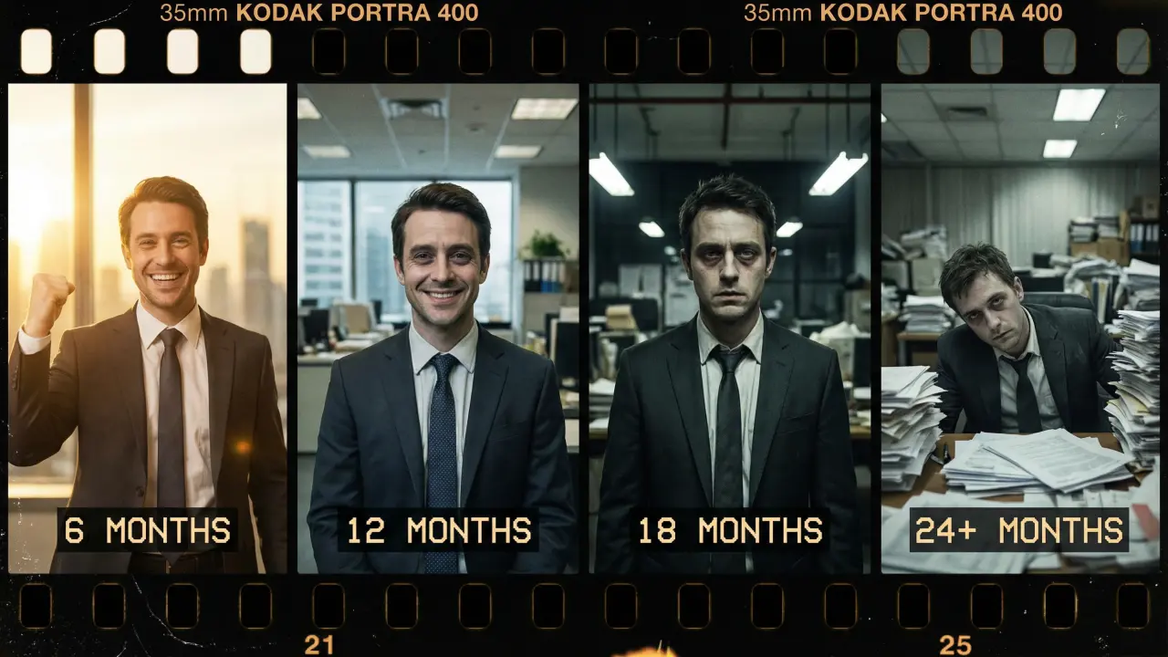 Séquence temporelle montrant l'évolution d'un cadre de l'engagement enthousiaste à l'effondrement compulsif