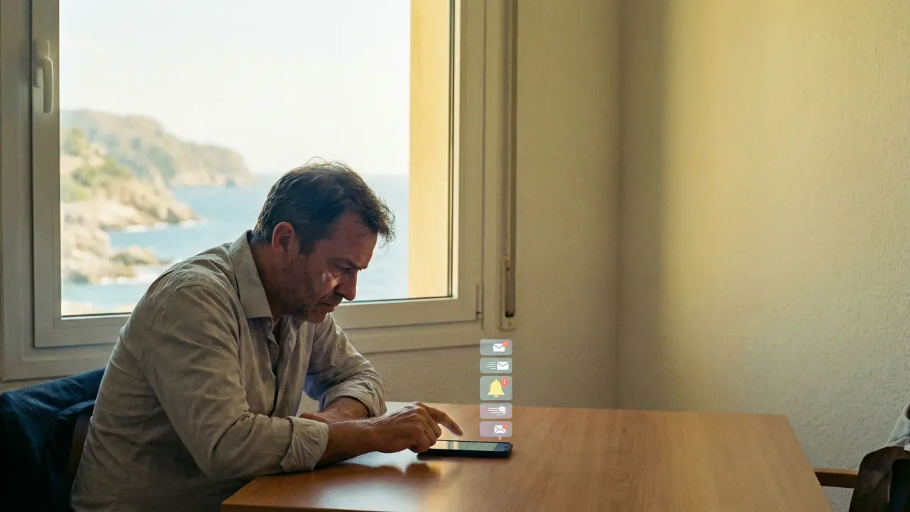 Cadre seul en vacances incapable de se déconnecter, doigt suspendu au-dessus du téléphone