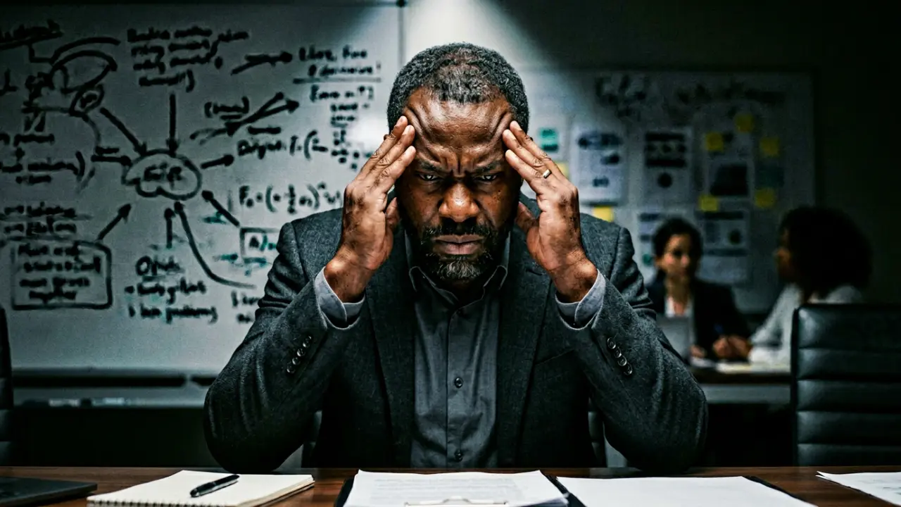 Dirigeant sous pression cognitive en réunion stratégique, mains sur les tempes, regard concentré