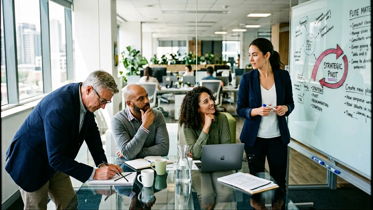 Équipe de consultants en réunion pivotant collectivement sur une hypothèse stratégique
