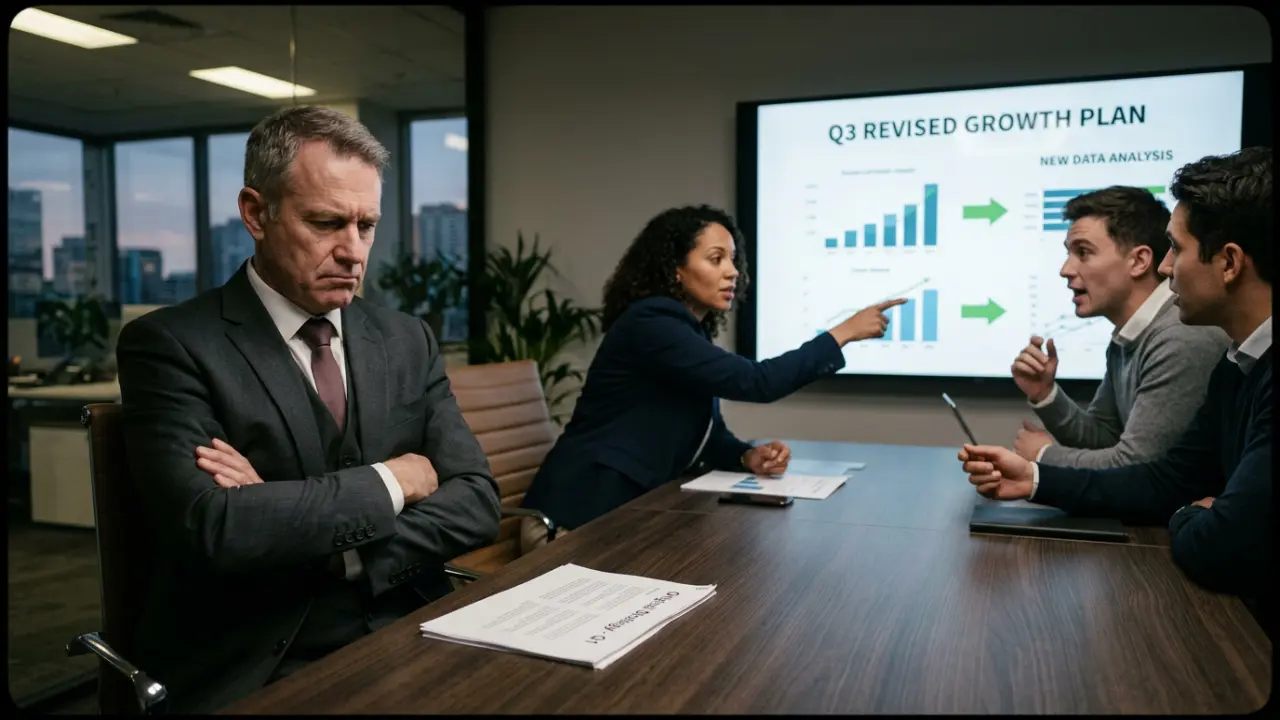 Dirigeant résistant à une nouvelle analyse stratégique en réunion, bras croisés face à ses collègues