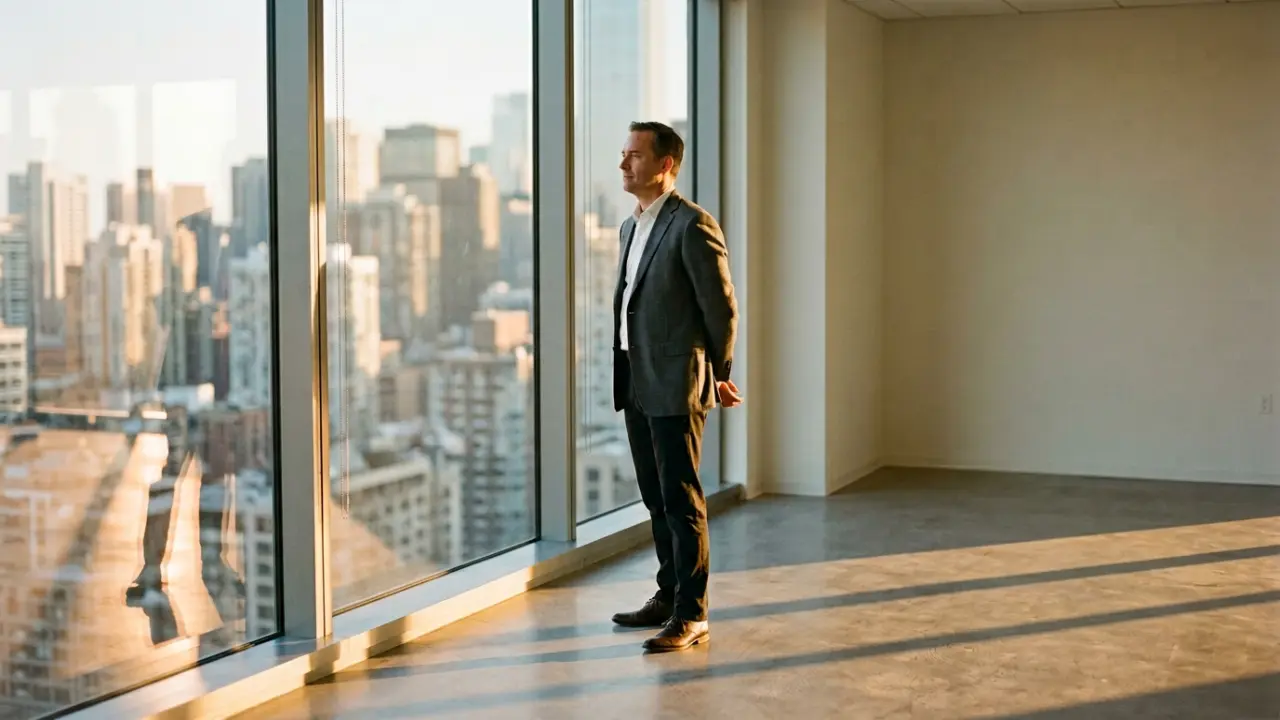 Dirigeant debout face à une baie vitrée, regard perdu sur la ville, posture de récupération cognitive délibérée