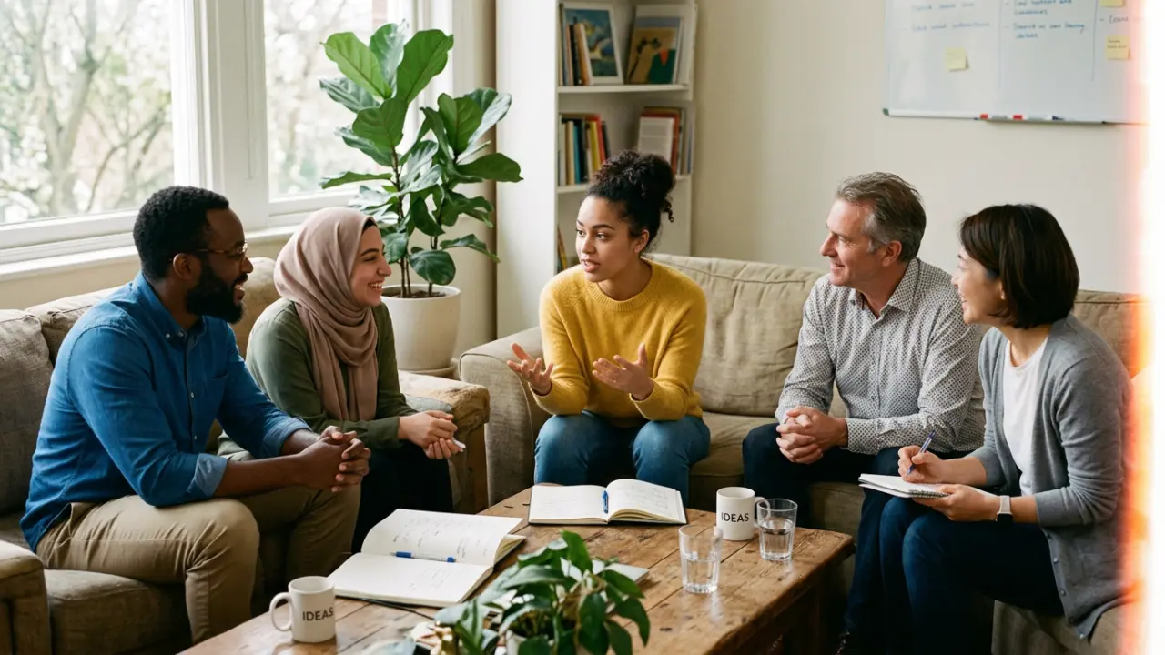 Équipe diverse en cercle informel, une collaboratrice prend la parole librement dans un climat de confiance et d'écoute