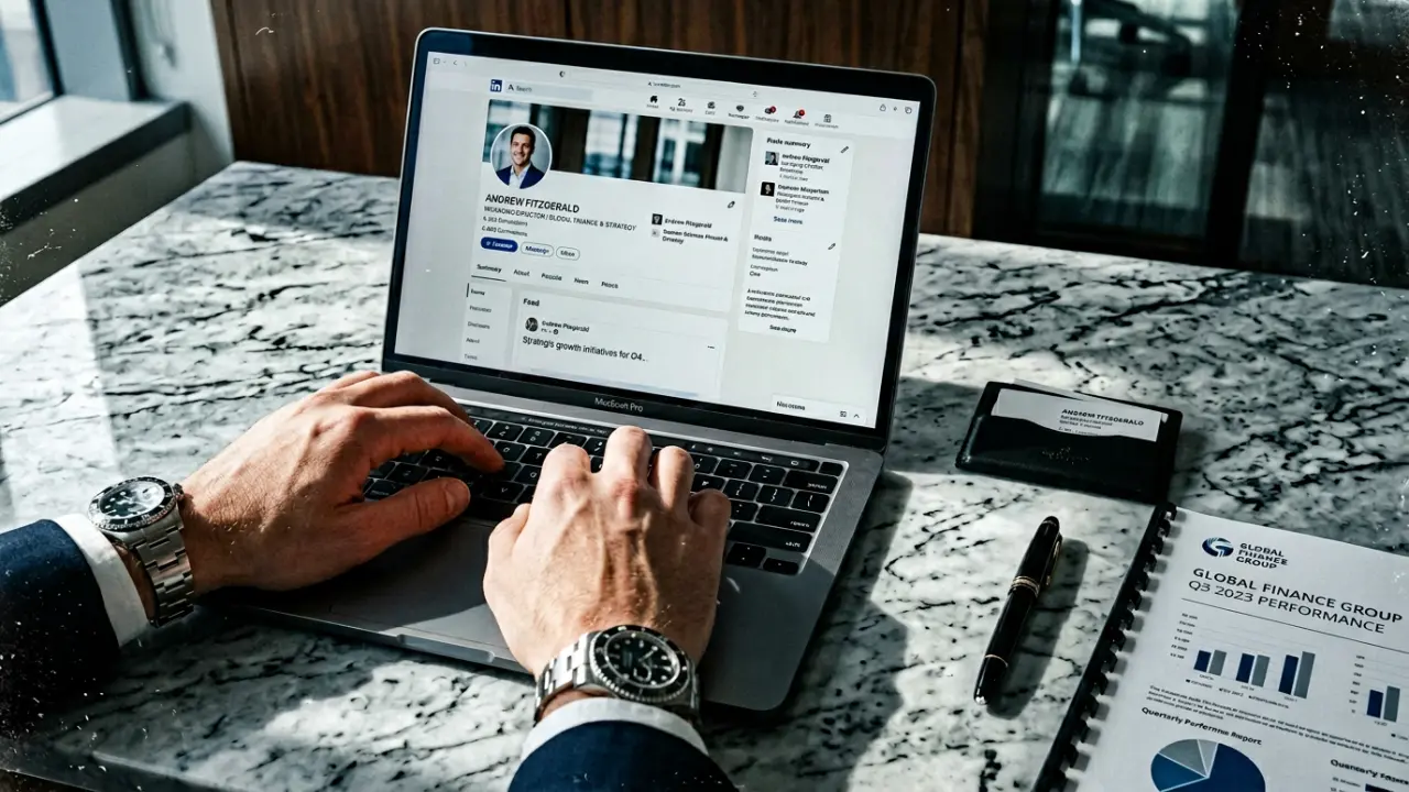 Cadre dirigeant devant son profil LinkedIn parfaitement construit, mains sur le clavier, identité professionnelle soigneusement contrôlée