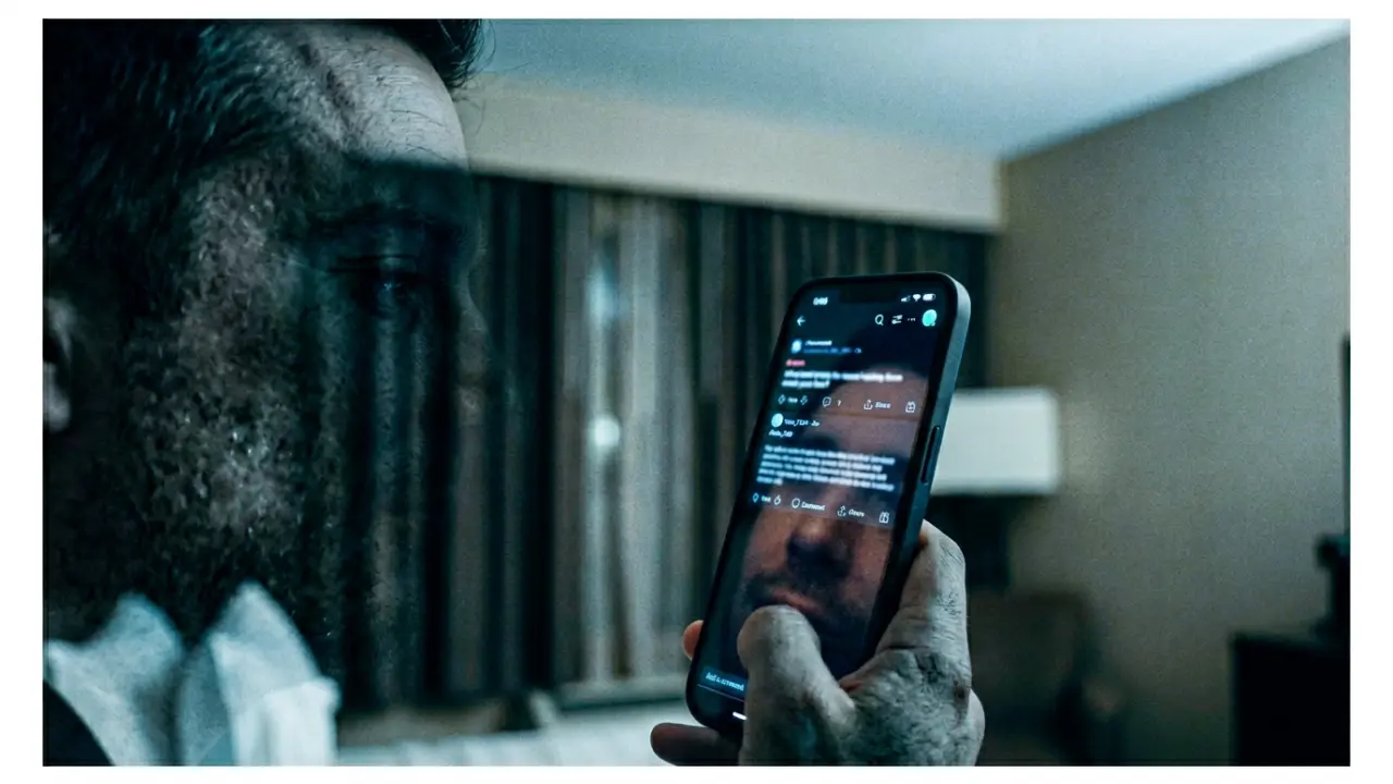 Dirigeant consultant un forum anonyme sur smartphone, visage partiellement reflété dans l'écran, pseudonyme visible à l'interface