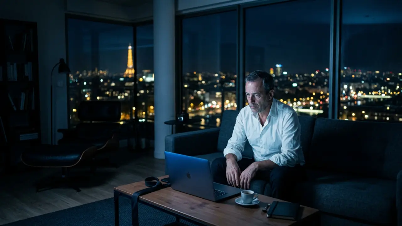 Cadre dirigeant seul dans son appartement parisien à 3h du matin, lumière froide de l'écran sur le visage, Paris la nuit en arrière-plan