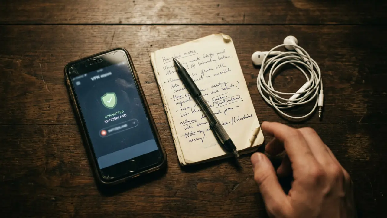 Téléphone personnel avec interface VPN, carnet de notes manuscrites illisibles, outils de confidentialité numérique pour dirigeant discret