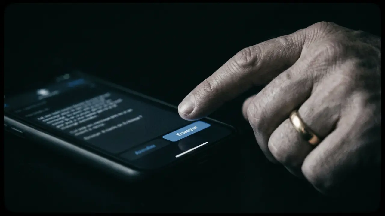 Gros plan d'un doigt sur le bouton envoyer d'un smartphone, alliance visible, fond noir, lumière froide de l'écran ,le premier pas vers un accompagnement
