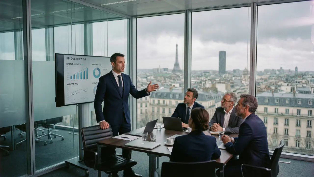 Dirigeant en réunion maîtrisant son image de contrôle total