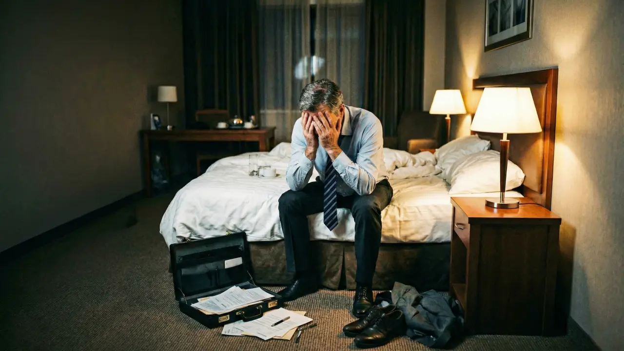 Dirigeant épuisé seul dans une chambre d'hôtel, tête dans les mains