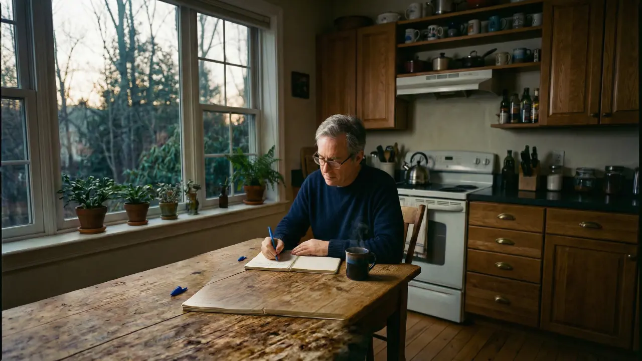 Dirigeant écrivant dans un carnet le matin, moment d'introspection