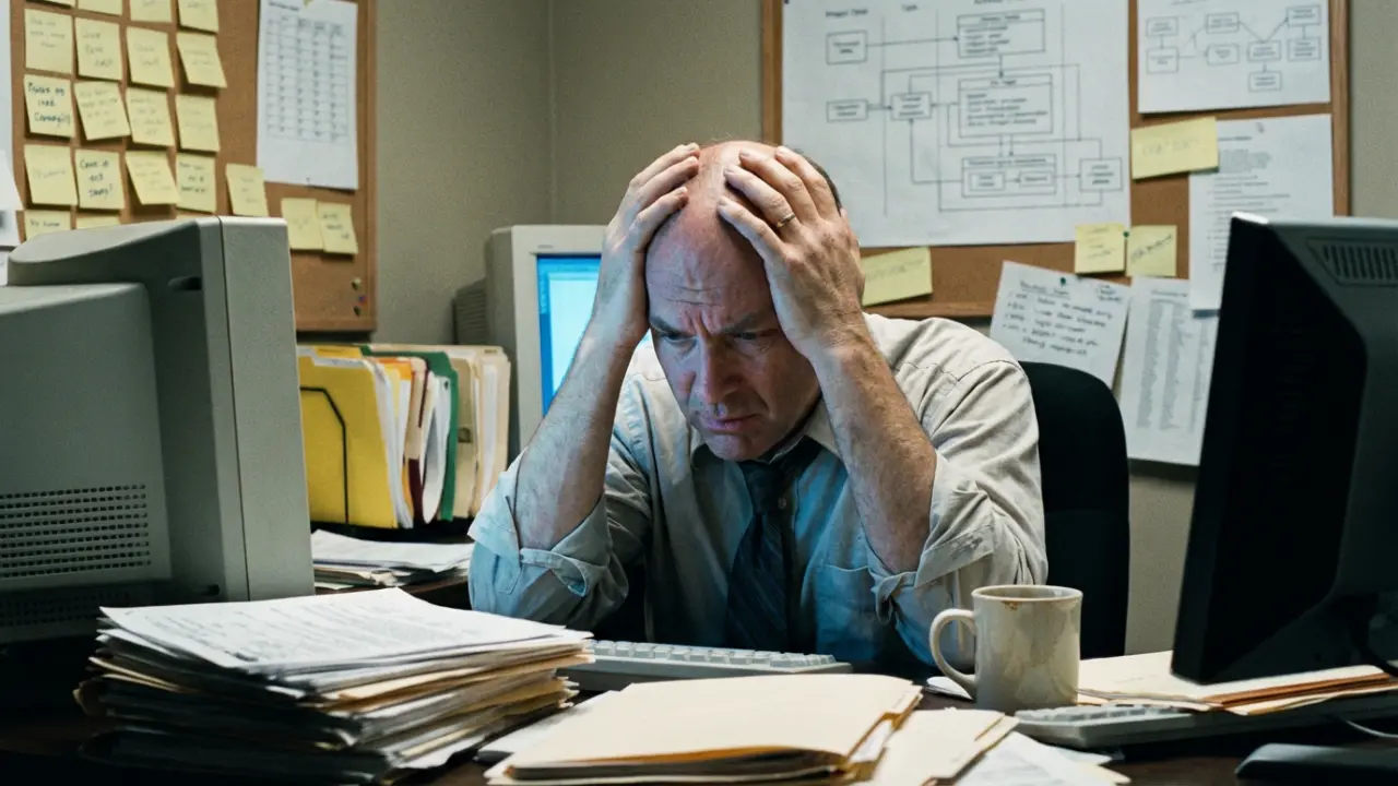 Dirigeant senior stressé au bureau, mains sur la tête, expression d'épuisement face à la surcharge de travail