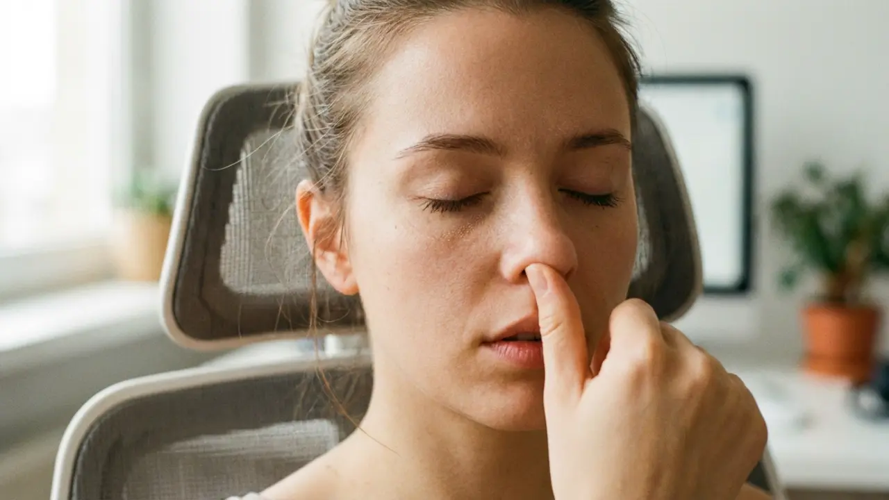 Jeune femme dirigeante pratiquant une respiration consciente, yeux fermés, calme au milieu d’une réunion