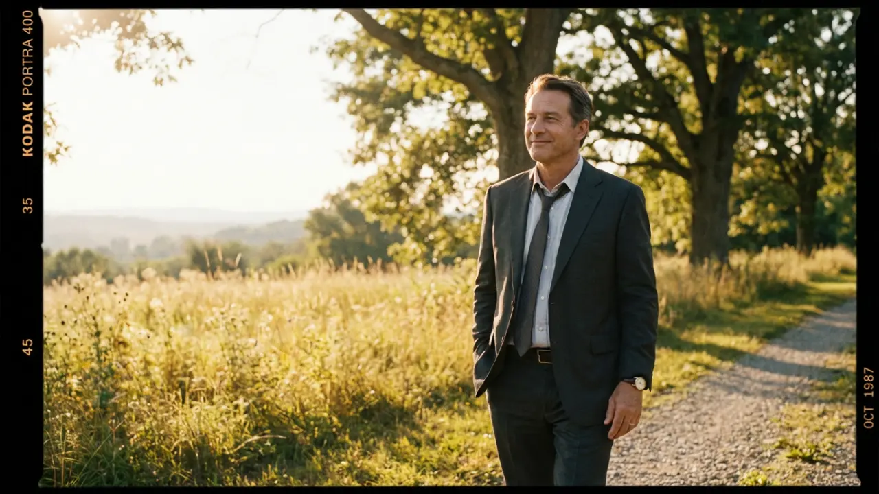 Dirigeant en costume marchant dans un parc, sans téléphone, air détendu