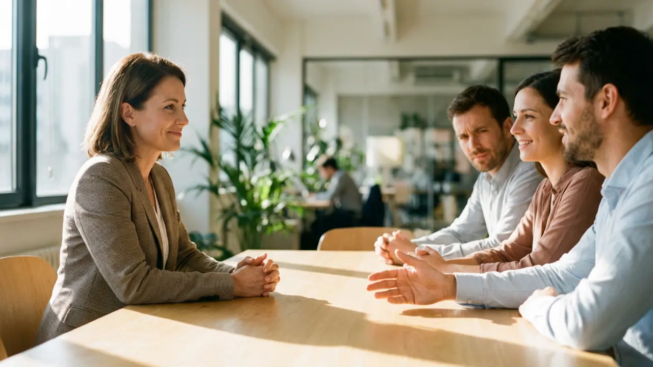 Dirigeante souriante en réunion, entourée d’une équipe détendue et engagée
