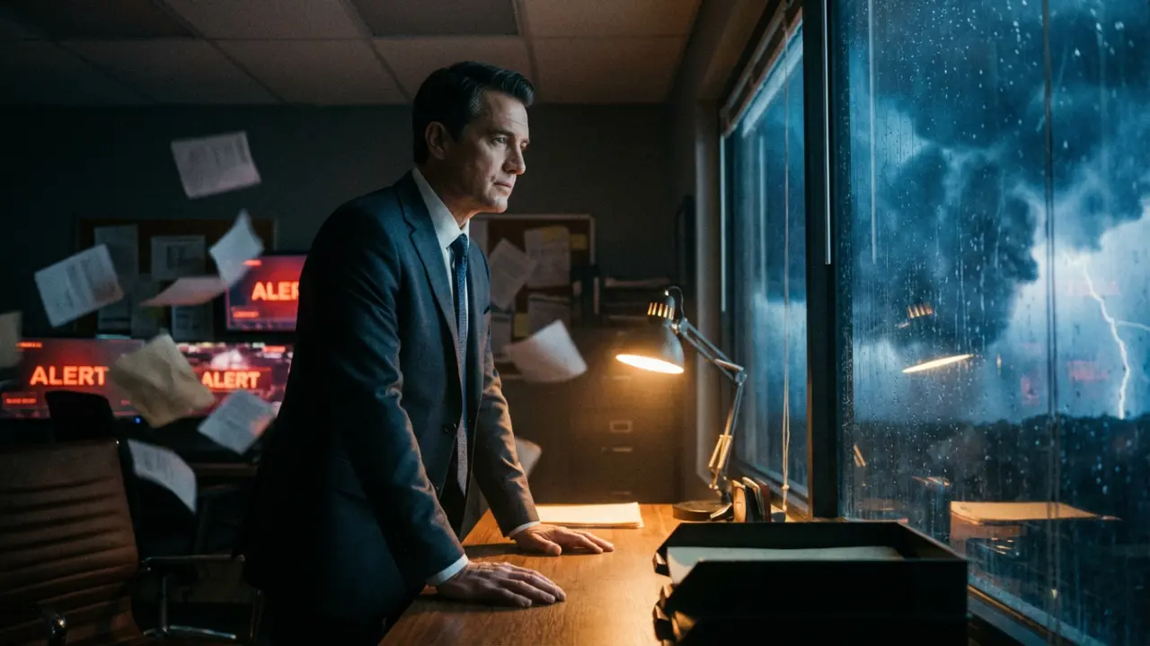 Dirigeant calme face à une fenêtre montrant une météo agitée, posture ancrée