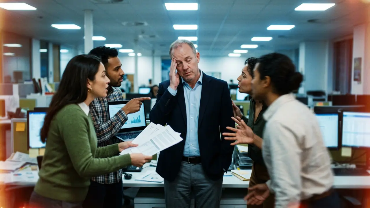 Dirigeant en surcharge cognitive entouré de collaborateurs