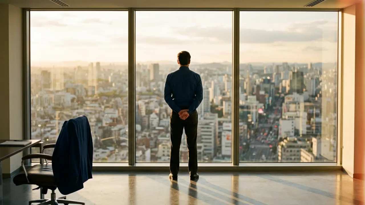 Dirigeant seul face à une baie vitrée panoramique en réflexion