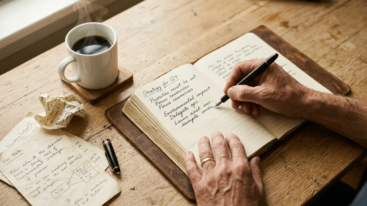 Mains d'un dirigeant écrivant dans un carnet en cuir