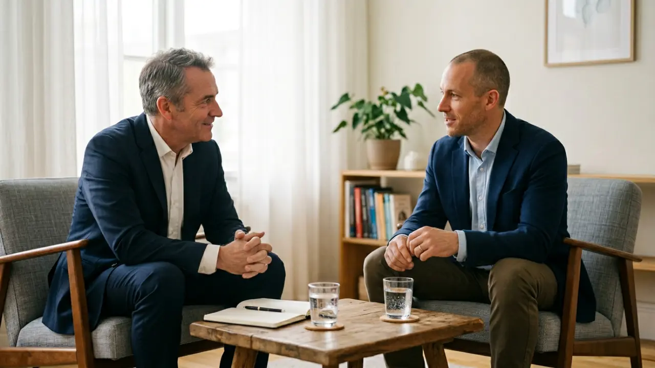 Dirigeant et coach en dialogue authentique dans un bureau lumineux