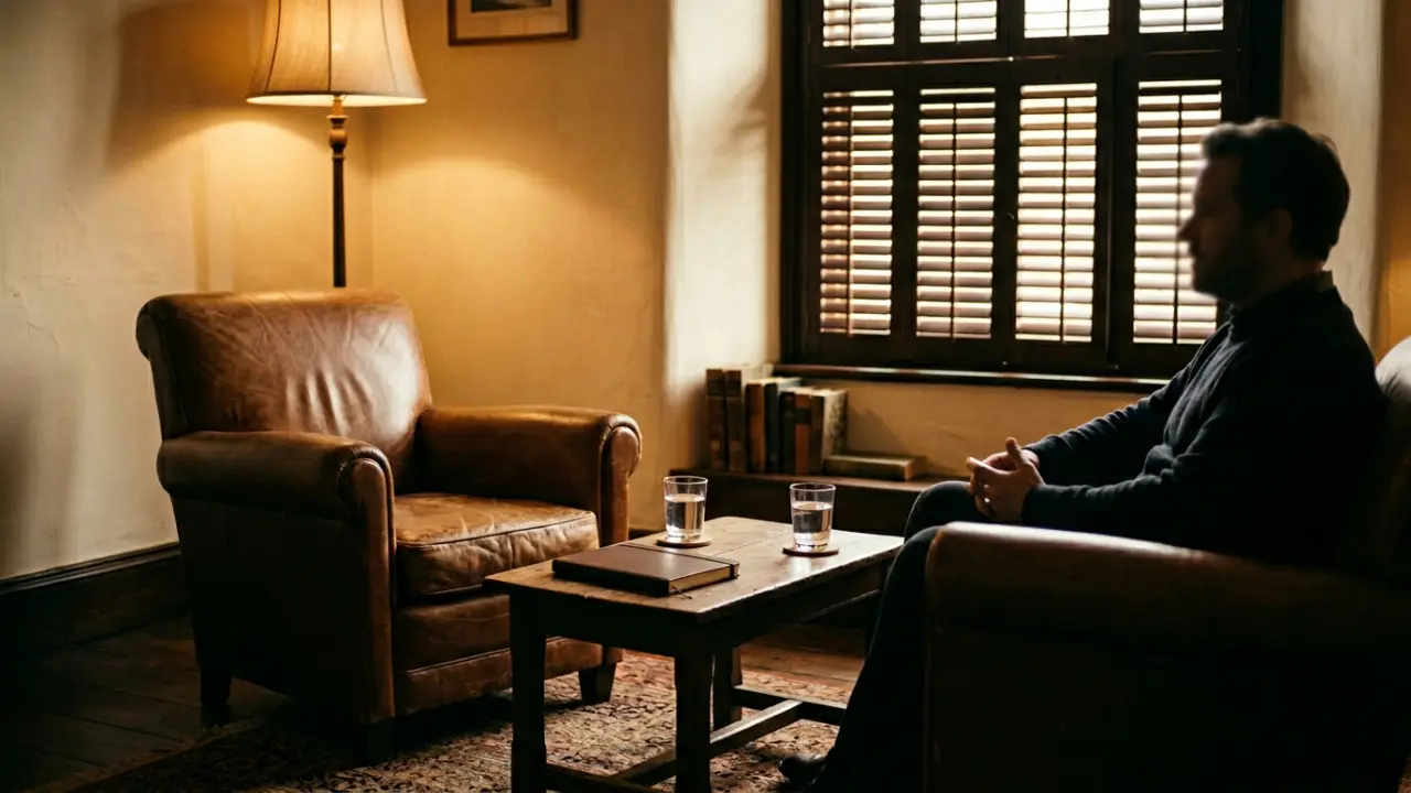 Espace de coaching confidentiel pour dirigeant, deux fauteuils face à face dans une pièce feutrée