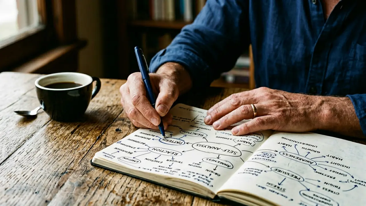 Dirigeant annotant une carte mentale à la main, travail d'auto-analyse cognitive structurée