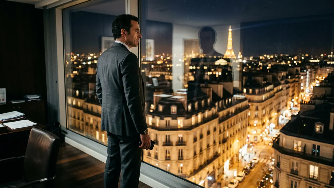 Dirigeant parisien debout face à une baie vitrée la nuit, réflexion solitaire et poids des décisions
