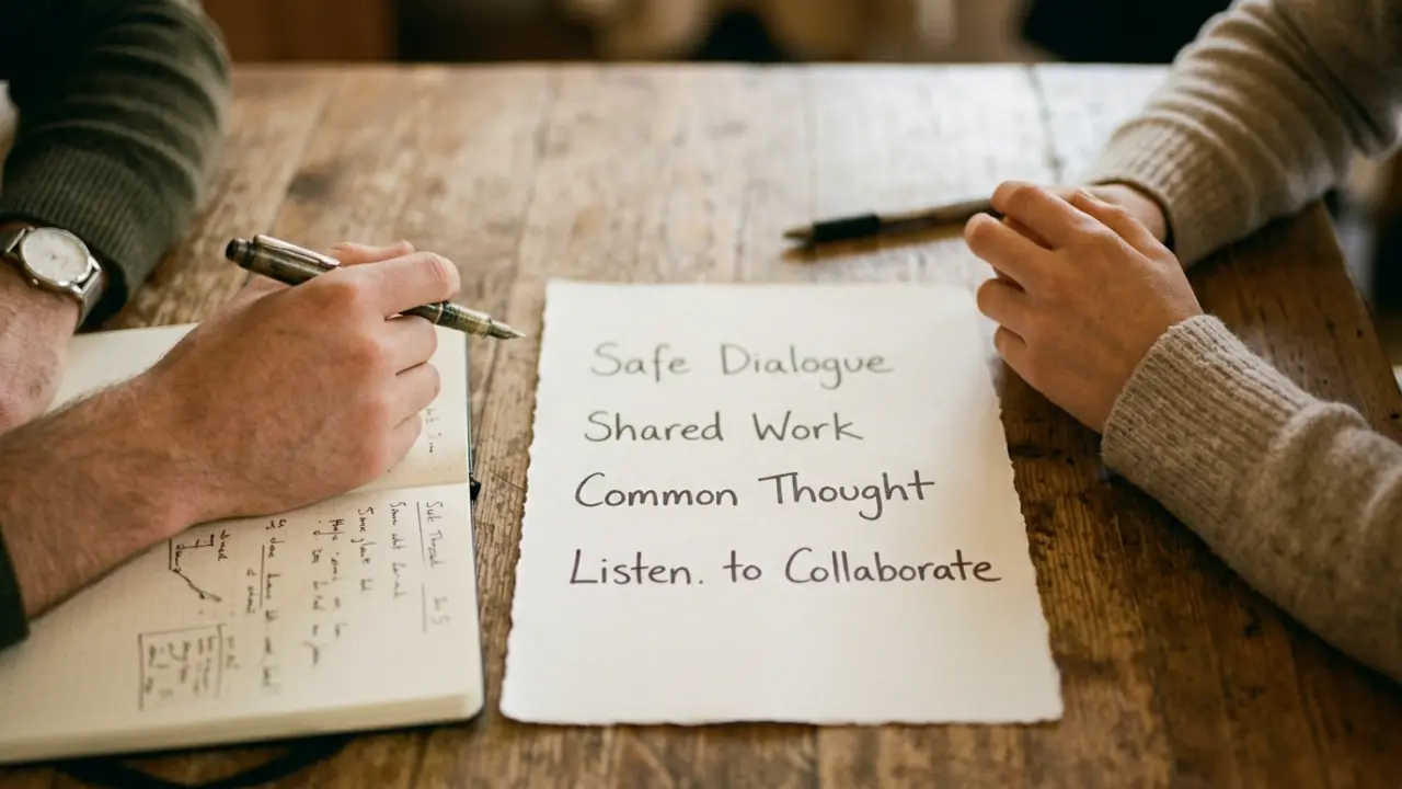 Séance de coaching confidentiel, deux personnes en dialogue dans un espace neutre et chaleureux
