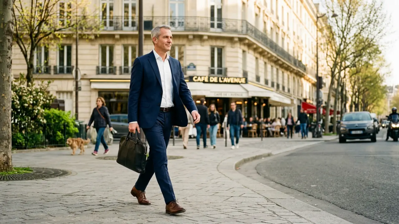 Dirigeant parisien marchant d'un pas décidé dans une rue haussmannienne, clarté et sérénité retrouvées