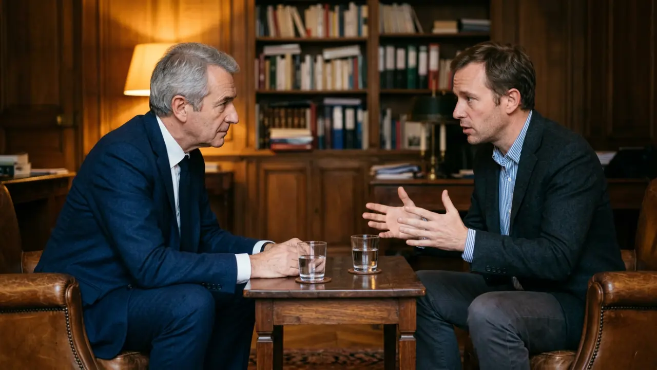 Coach et dirigeant en séance confidentielle dans un bureau feutré