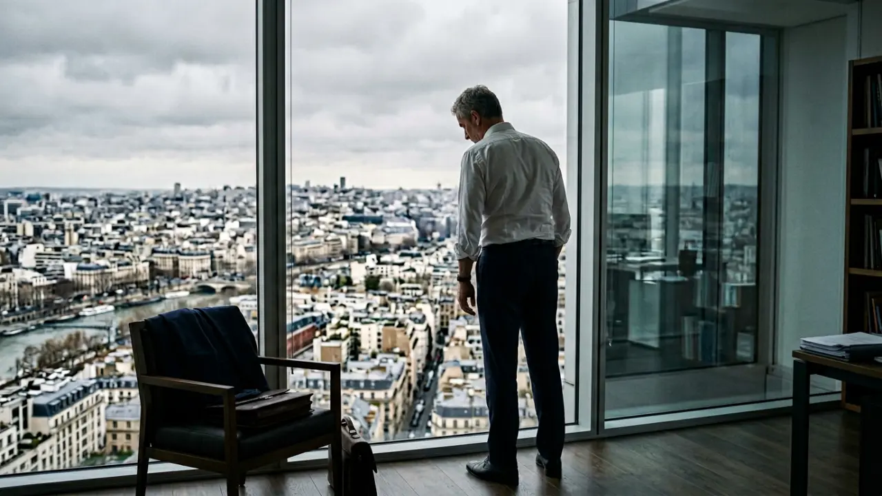 Dirigeant debout face à une baie vitrée exprimant une fatigue contenue