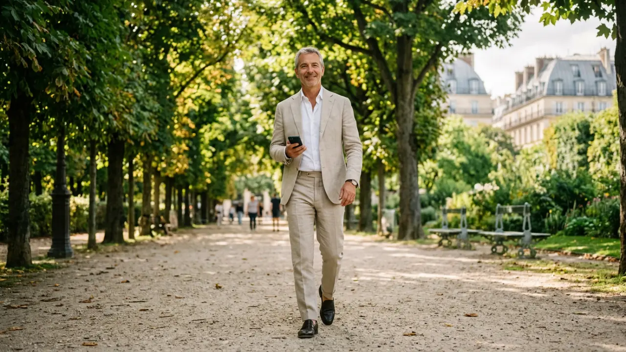 Dirigeant serein marchant dans un parc parisien avec vision retrouvée