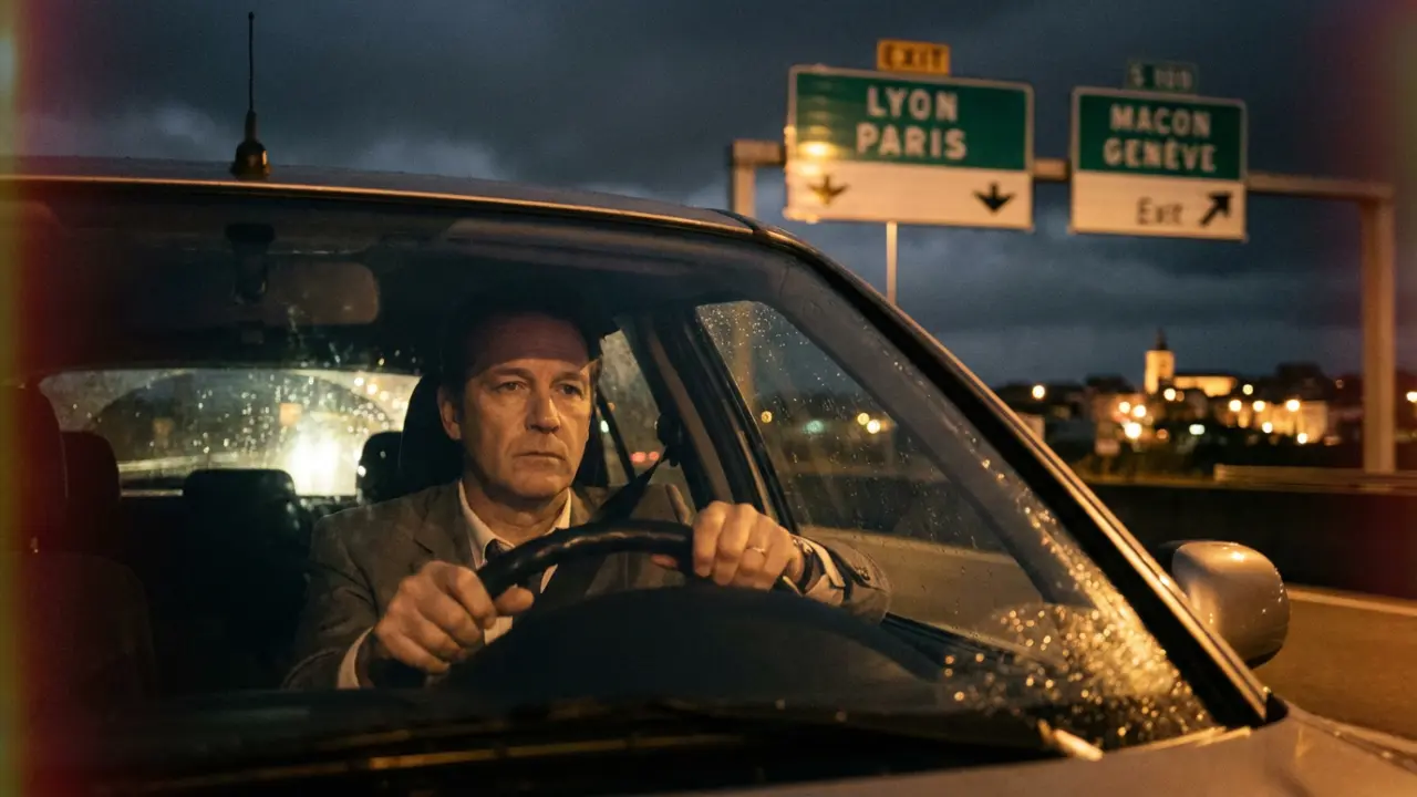 Cadre au volant sur l’autoroute, perdu entre deux mondes