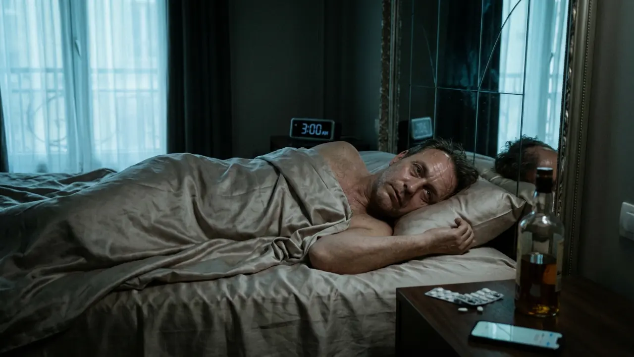 Cadre insomniaque allongé dans un lit, éveillé à 3h du matin